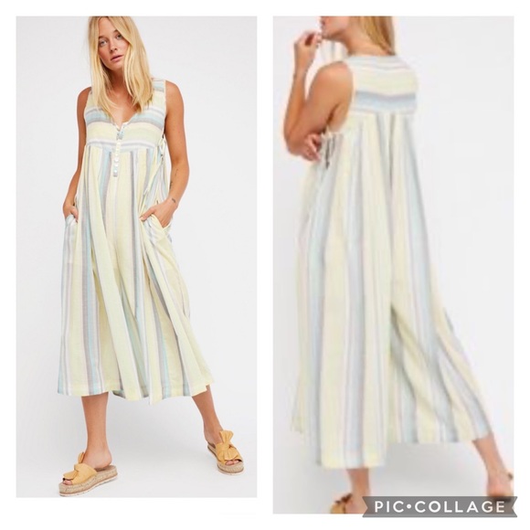 Free People Nora Wide Leg Yellow Multiclolor Striped Jumpsuit Size XSP - Picture 13 of 13